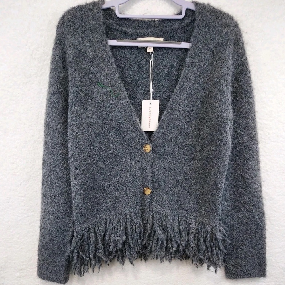 Lucky Brand NWT Gray Fringe Cardigan Sweater
